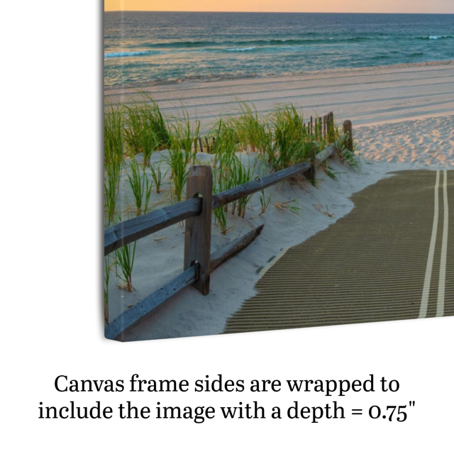 A canvas print of a beach path on the Jersey Shore shortly after sunrise over the ocean shown on an angle to highlight side framing and depth.