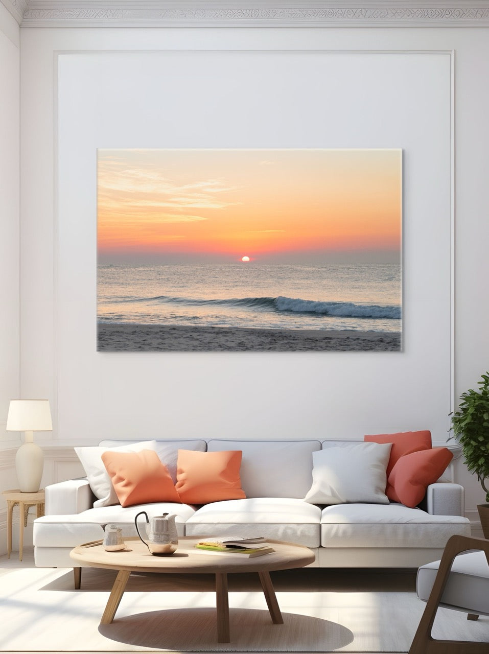 Living room with a large canvas print featuring a summer sunrise over the Atlantic Ocean as seen from a quiet beach on the Jersey Shore, white sofa with colorful cushions, and wooden coffee table.