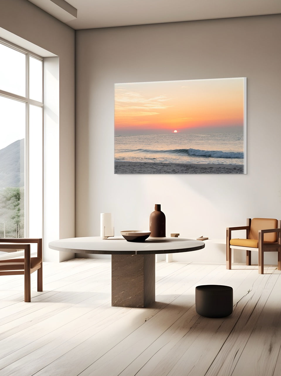Modern living room with a large canvas print featuring a summer sunrise over the Atlantic Ocean as seen from a quiet beach on the Jersey Shore on the wall.
