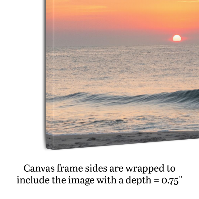 A canvas print featuring a summer sunrise over the Atlantic Ocean as seen from a quiet beach on the Jersey Shore shown on an angle to highlight side framing and depth.