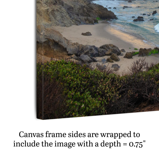 A canvas print of the sunrise over the mountains as seen from the cliffs of Leo Carrillo State Beach shown on an angle to highlight side framing and depth.