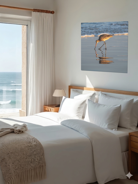 Bedroom with ocean view and a canvas print of a long-billed curlew on the shoreline