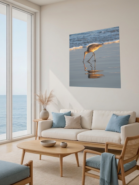 Living room with a large window view of the ocean, a beige sofa with blue cushions, and a canvas print of a long-billed curlew on the shoreline.