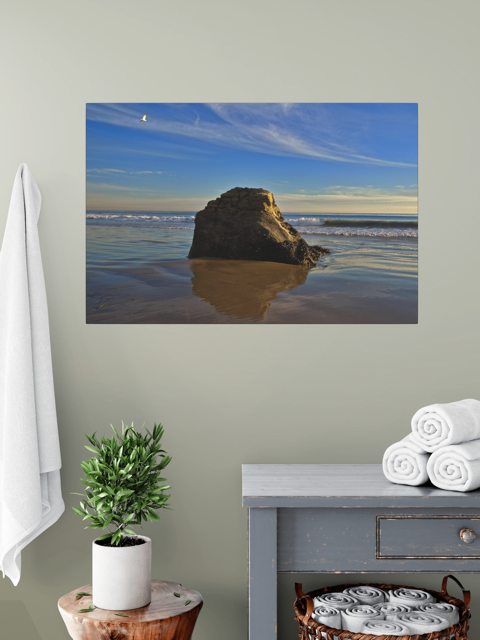 Canvas print of a rugged sea stack on a wet, reflective Malibu beach with a lone bird soaring in a clear blue sky over the Pacific Ocean on a wall above a table with a plant and folded towels.
