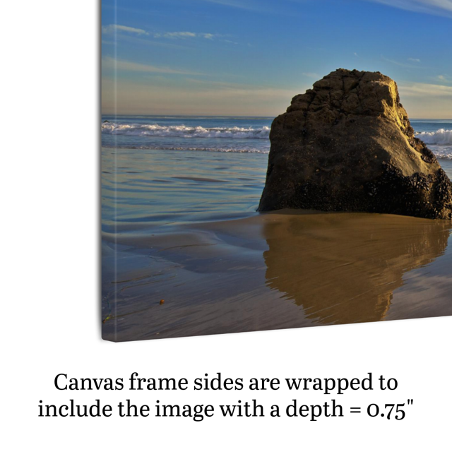 Side view of a canvas print of a beach scene with a rock and ocean waves demonstrating frame depth.
