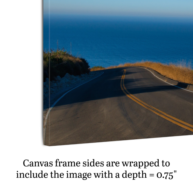 Side view of a canvas print of a winding mountain road above the Pacific Ocean in Malibu California with text indicating frame depth.