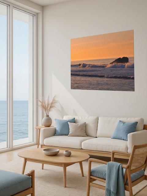Modern living room with a large window view of the ocean, a beige sofa with blue cushions, and a canvas print featuring a surfer riding a wave at sunrise.