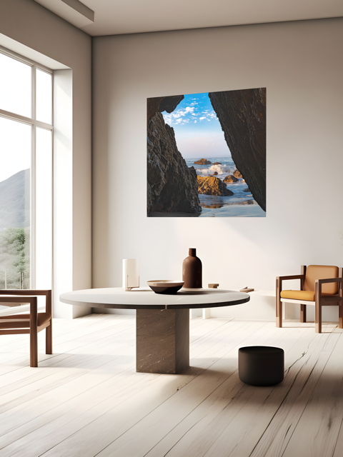 Modern interior with a round table and chairs, featuring a canvas print of a view from inside a dark Malibu sea cave looking out at crashing ocean waves and rocks under a blue sky.