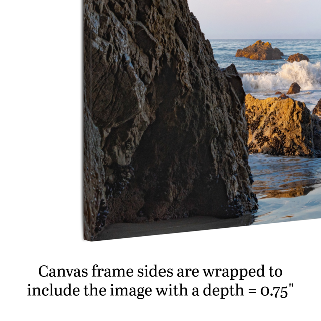 Side view of a canvas print of a view from inside a dark Malibu sea cave looking out at crashing ocean waves and rocks under a blue sky with text indicating frame depth.