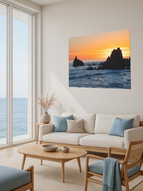 Living room with a large window view of the ocean, a beige sofa with blue cushions, and a canvas print of an ocean sunset with rocks.