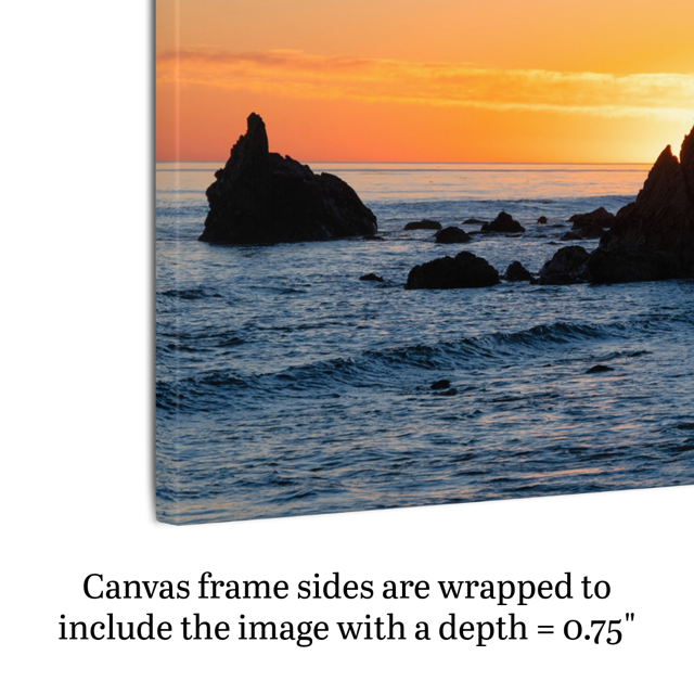 Side view of a canvas print of an ocean sunset with rocks with text indicating frame depth.