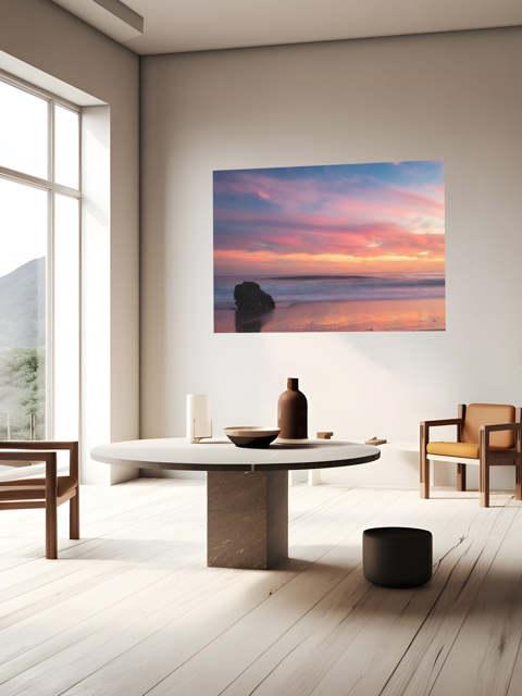 Modern living room with a round table, chairs, and a large canvas print of a solitary rock sea stack on a Malibu beach at sunset with a vibrant pink, orange, and purple sky reflected in the wet sand.