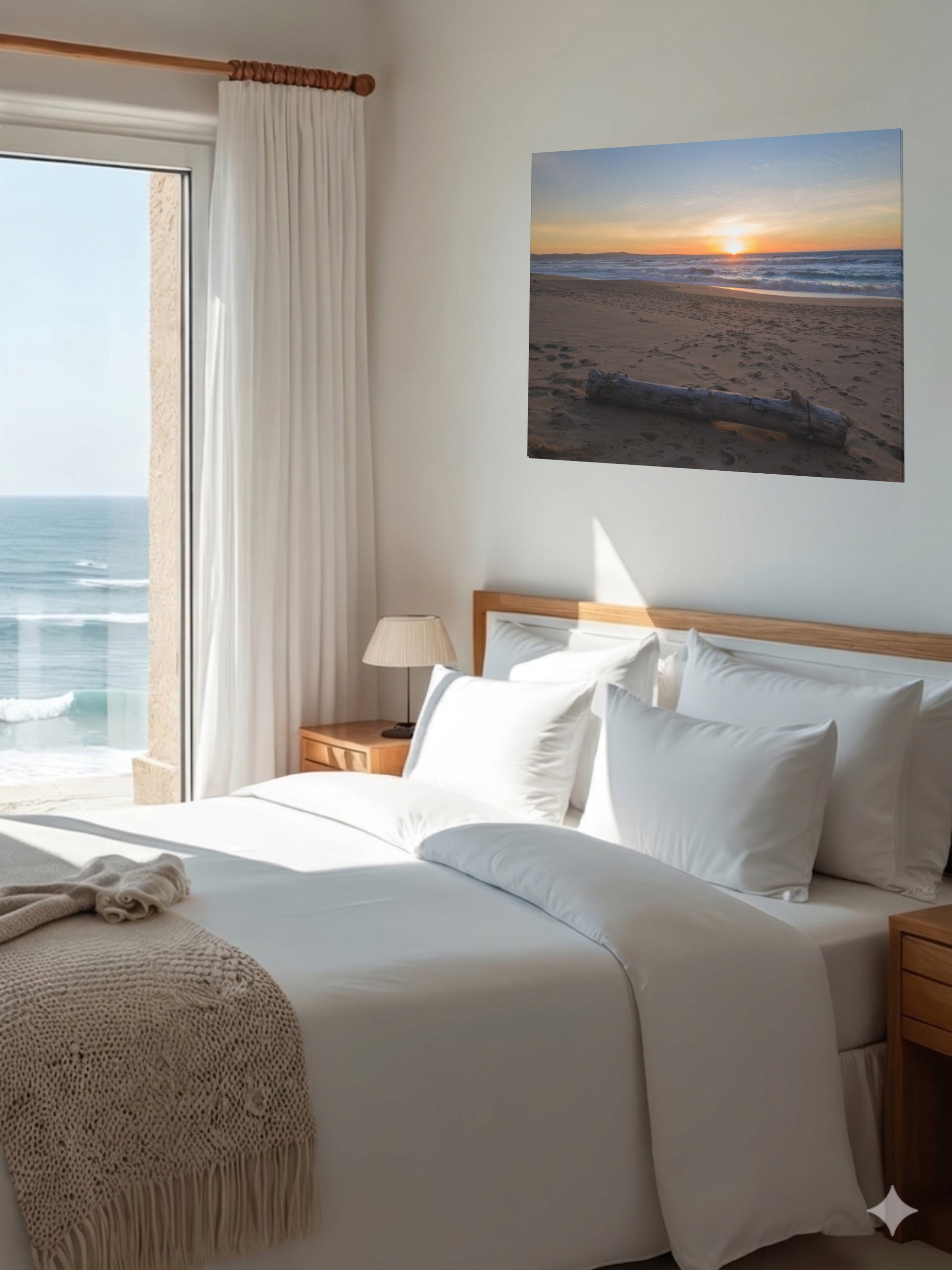 Bedroom with ocean view and canvas print of a Monterey California beach sunset with large driftwood log on sand on the wall