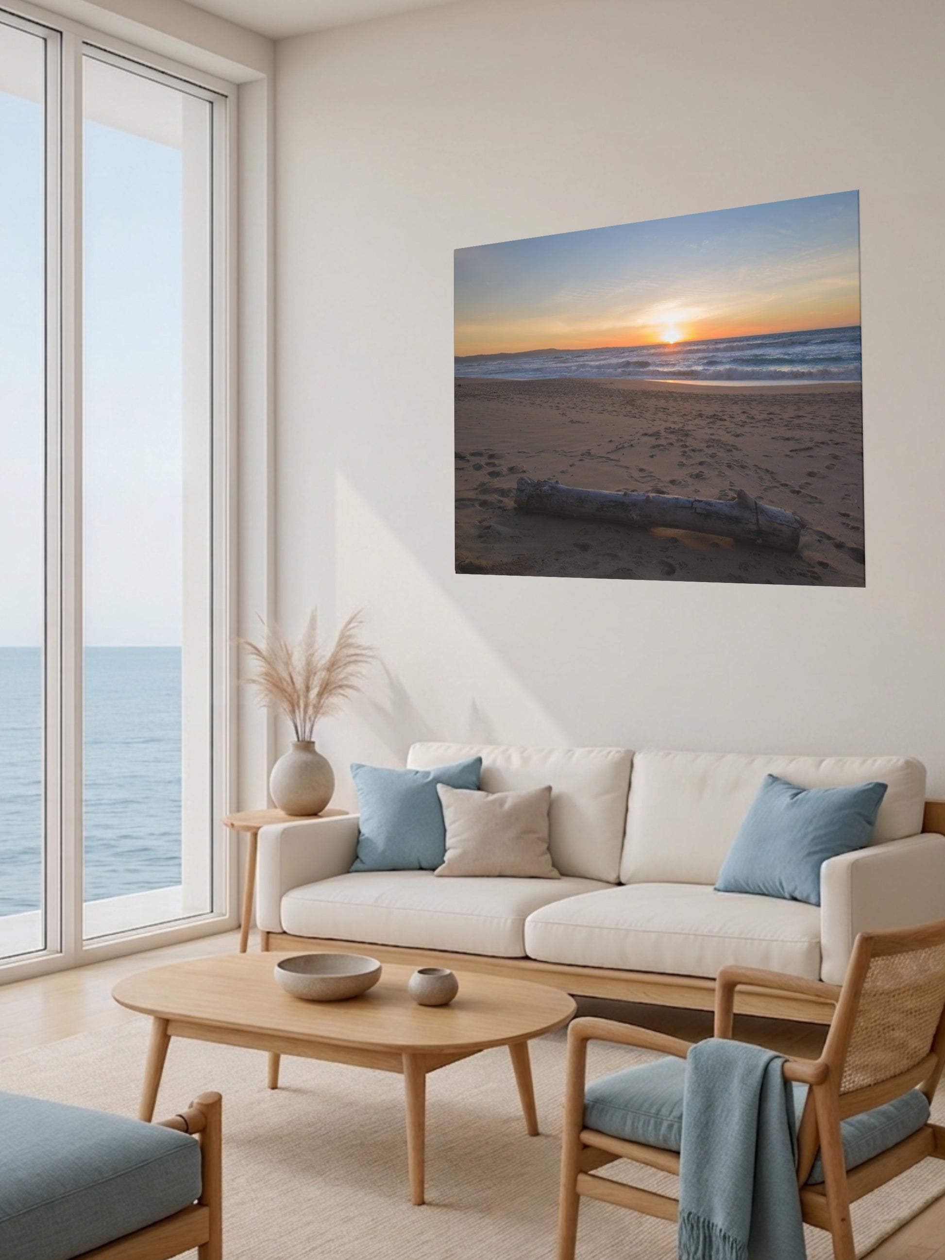 Modern living room with a canvas print of a Monterey California beach sunset with large driftwood log on sand on the wall