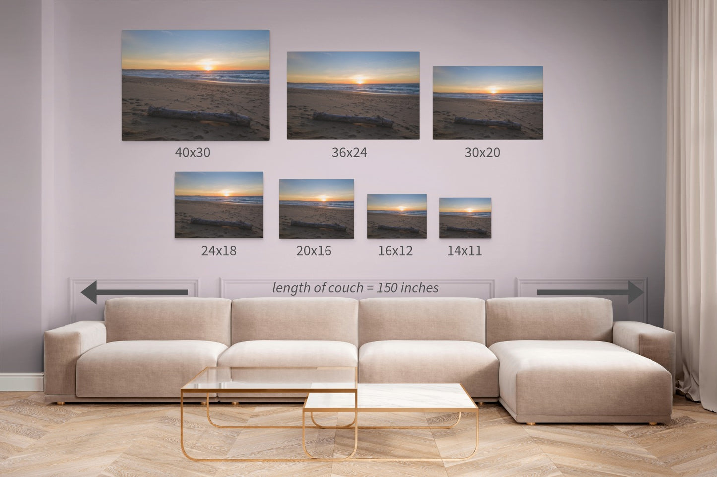 Beige sectional sofa in a living room with a canvas print of a Monterey California beach sunset with large driftwood log on sand displayed in various sizes.