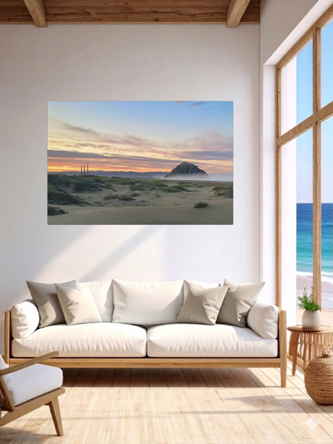 Living room with a vibrant sunrise over Morro Rock and Three Stacks from beach dunes canvas print on the wall above a sofa.