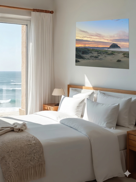 Bedroom with a large bed, ocean view, and a vibrant sunrise over Morro Rock and Three Stacks from beach dunes canvas print on the wall.