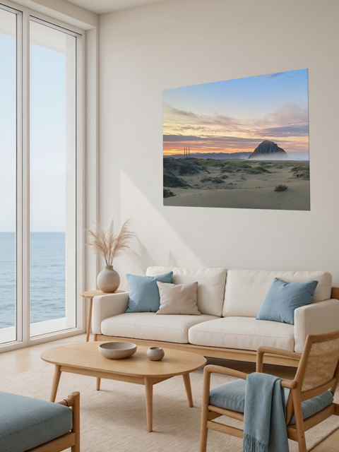 Modern living room with a large window view of the ocean, a beige sofa with blue cushions, and a vibrant sunrise over Morro Rock and Three Stacks from beach dunes canvas print.