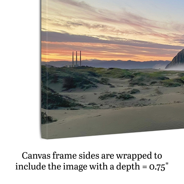 Side view of a vibrant sunrise over Morro Rock and Three Stacks from beach dunes canvas print with text indicating frame depth.