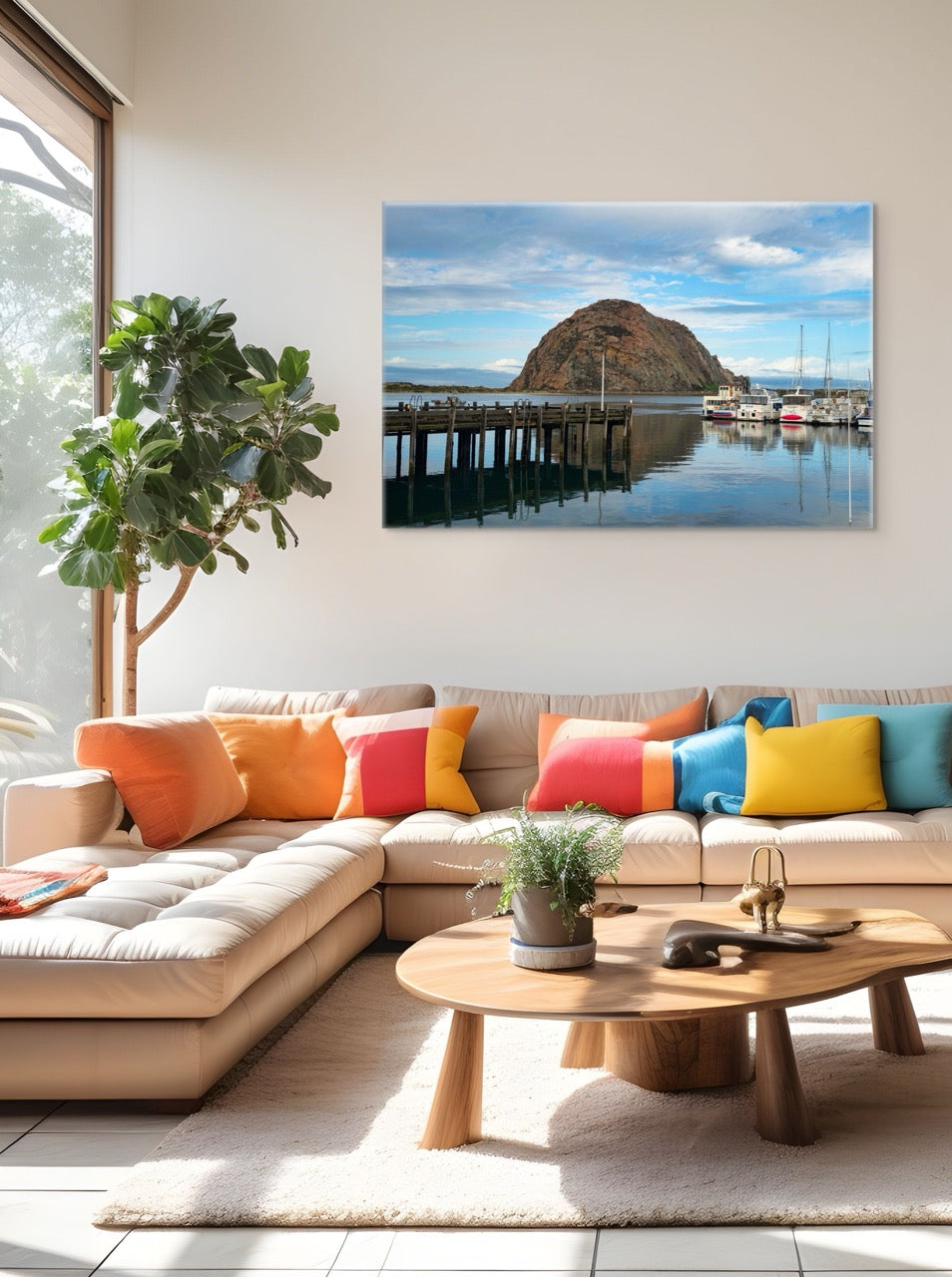 Living room with a sectional sofa, colorful pillows, a wooden coffee table, and a large canvas print featuring a view of Morro Rock from the harbor in Morro Bay, California with boats and a pier.