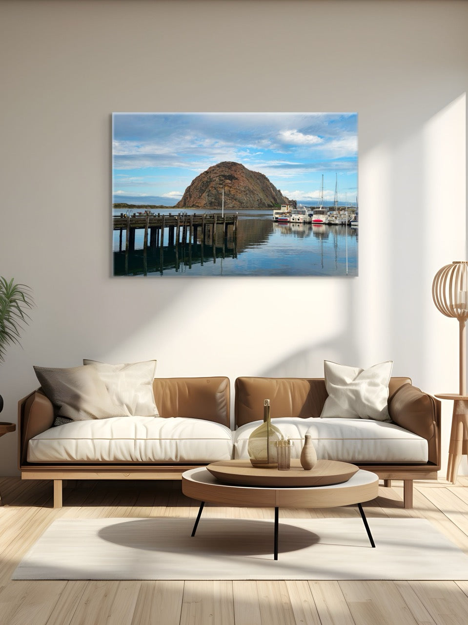 Living room with a couch, coffee table, and a canvas print featuring a view of Morro Rock from the harbor in Morro Bay, California with boats and a pier.