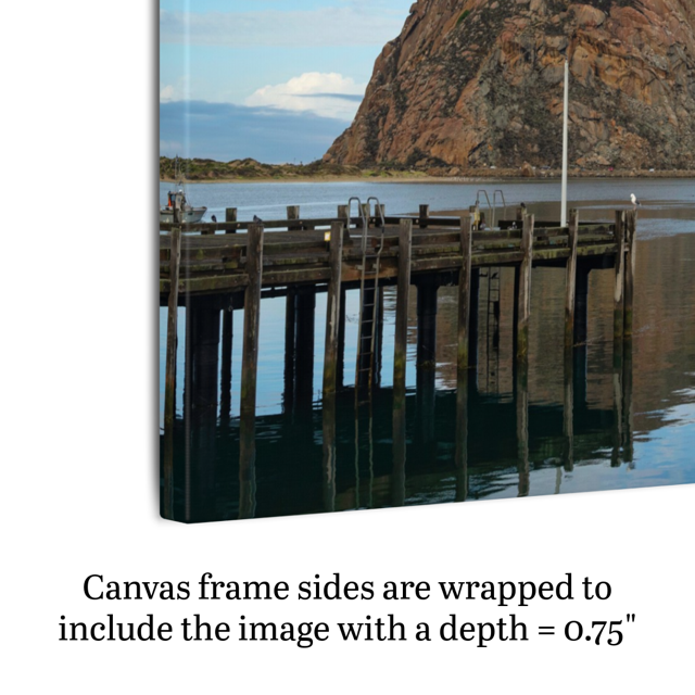 A canvas print featuring a view of Morro Rock from the harbor in Morro Bay, California with boats and a pier shown on an angle to highlight side framing and depth.