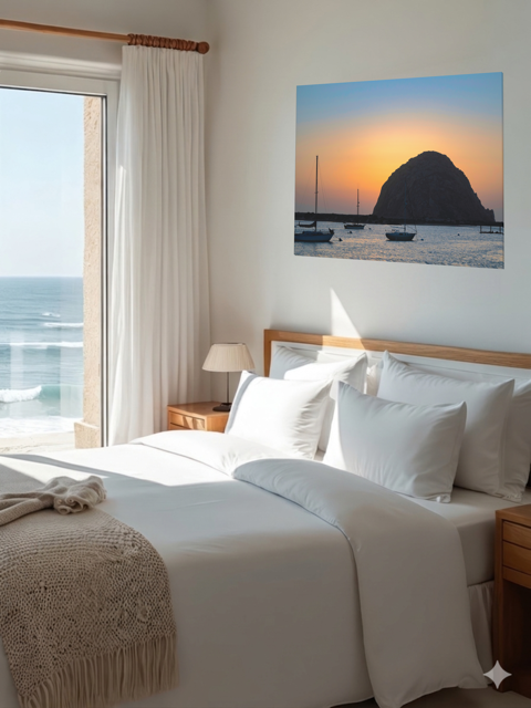 Bedroom with a large bed, ocean view, and a canvas print of a Morro Rock sunset on the wall.
