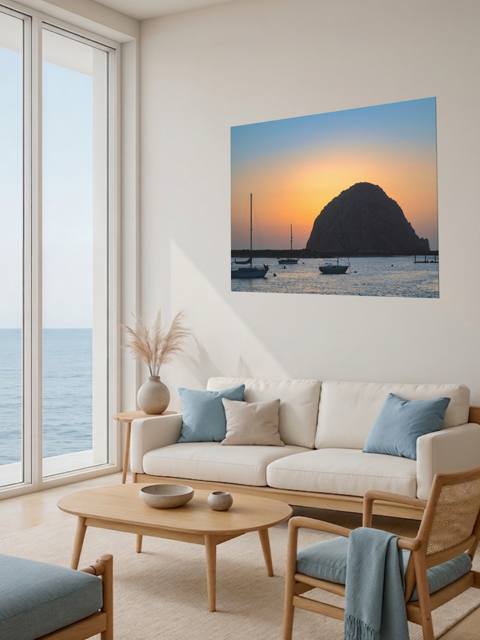 Modern living room with a large window view of the ocean, a beige sofa with blue cushions, and a wall art of a Morro Rock sunset.