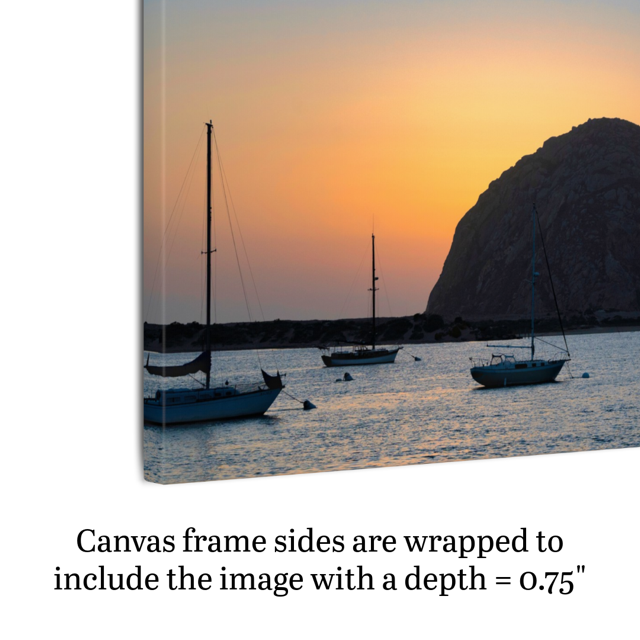 Side view of a canvas print of a Morro Rock sunset with text indicating frame depth.