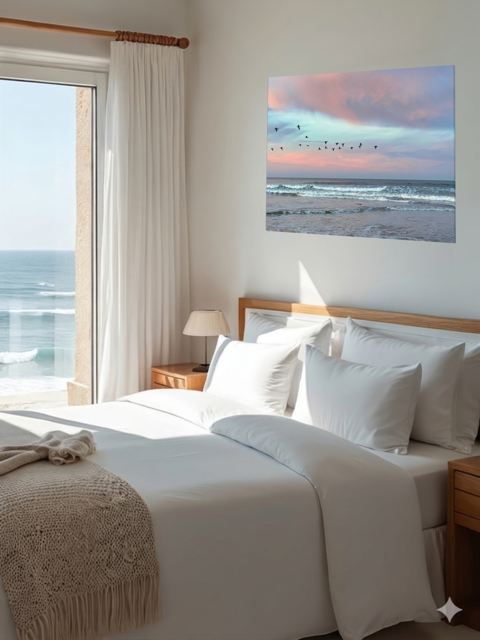 Bedroom with ocean view, bed with white bedding, and a canvas print of birds flying over pastel pink sunrise in Morro Bay  on the wall.
