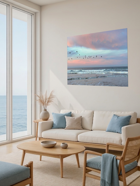 Living room with a large window view of the ocean, a beige sofa with blue cushions, and a canvas print of birds flying over pastel pink sunrise in Morro Bay .