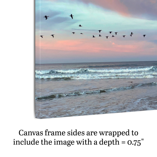 Side view of a canvas print of birds flying over pastel pink sunrise in Morro Bay with text indicating frame depth.