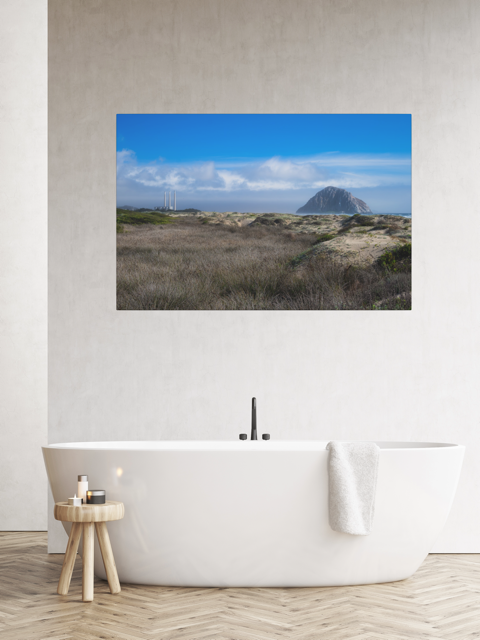 Morro Rock and stacks view from the beach dunes canvas print in a modern bathroom.