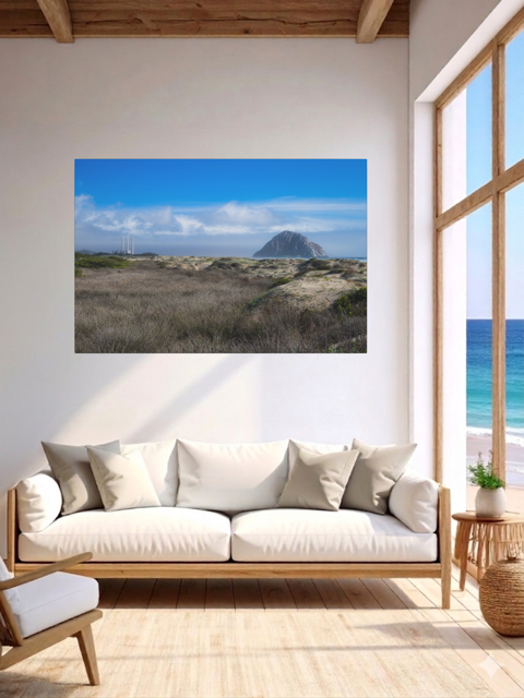 Living room with a lMorro Rock and stacks view from the beach dunes canvas print, featuring a sofa and a view of the ocean.
