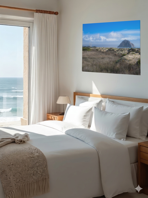 Bedroom with ocean view, white bedding, and a Morro Rock and stacks view from the beach dunes canvas print