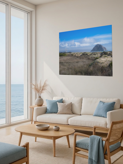 Living room with a large window view of the ocean, a beige sofa with blue cushions, and a Morro Rock and stacks view from the beach dunes canvas print.