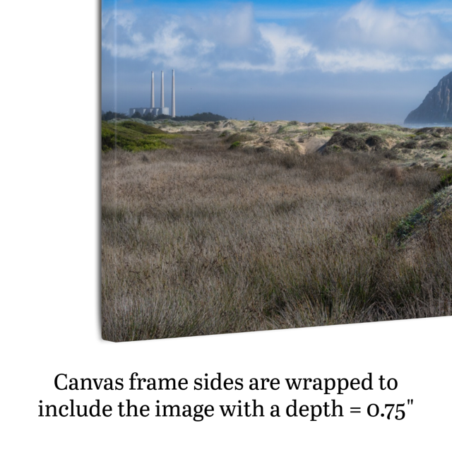 Side view of a Morro Rock and stacks view from the beach dunes canvas print with text indicating frame depth.