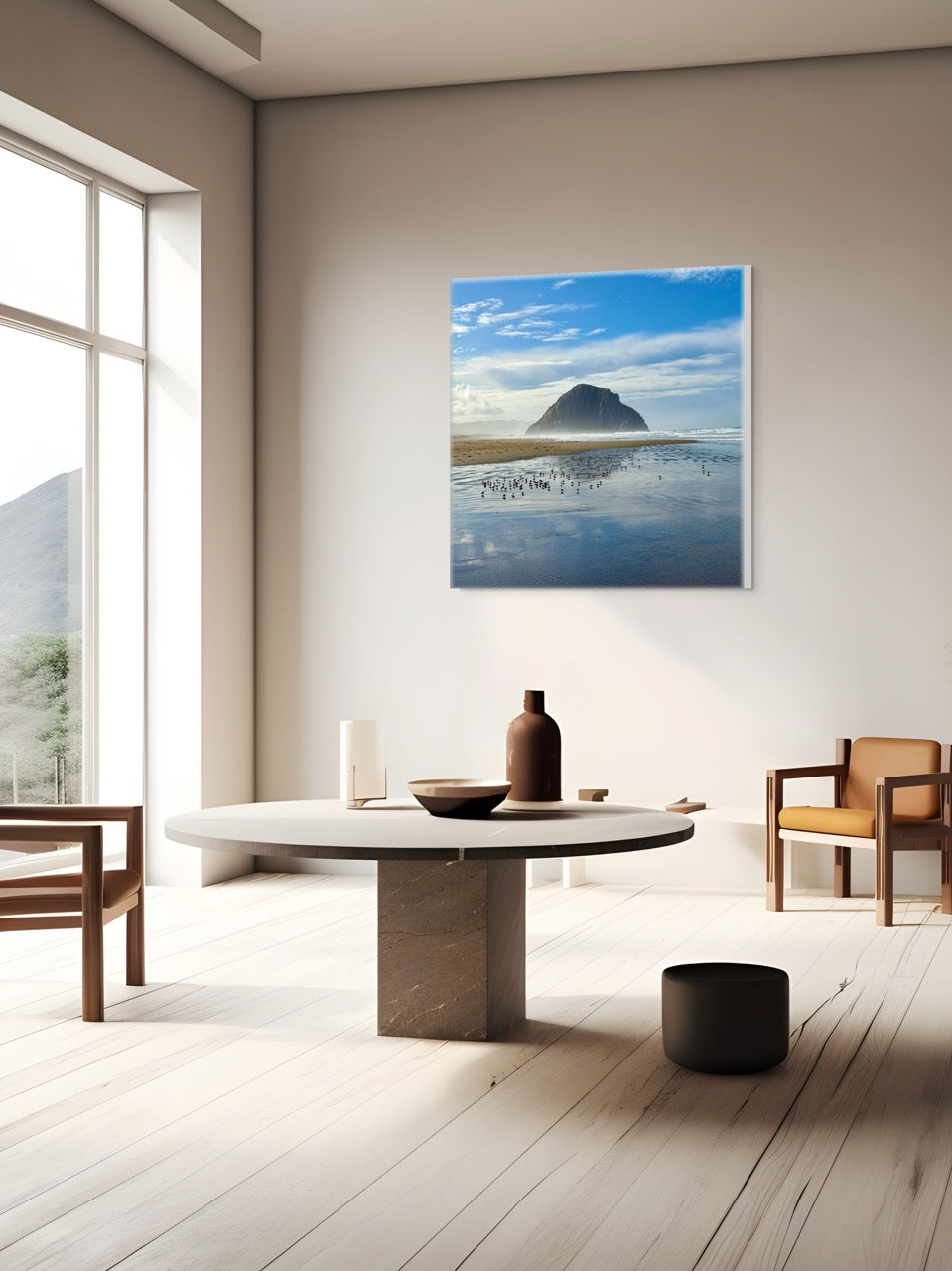Modern living room with a canvas print of Morro Rock on the wall.
