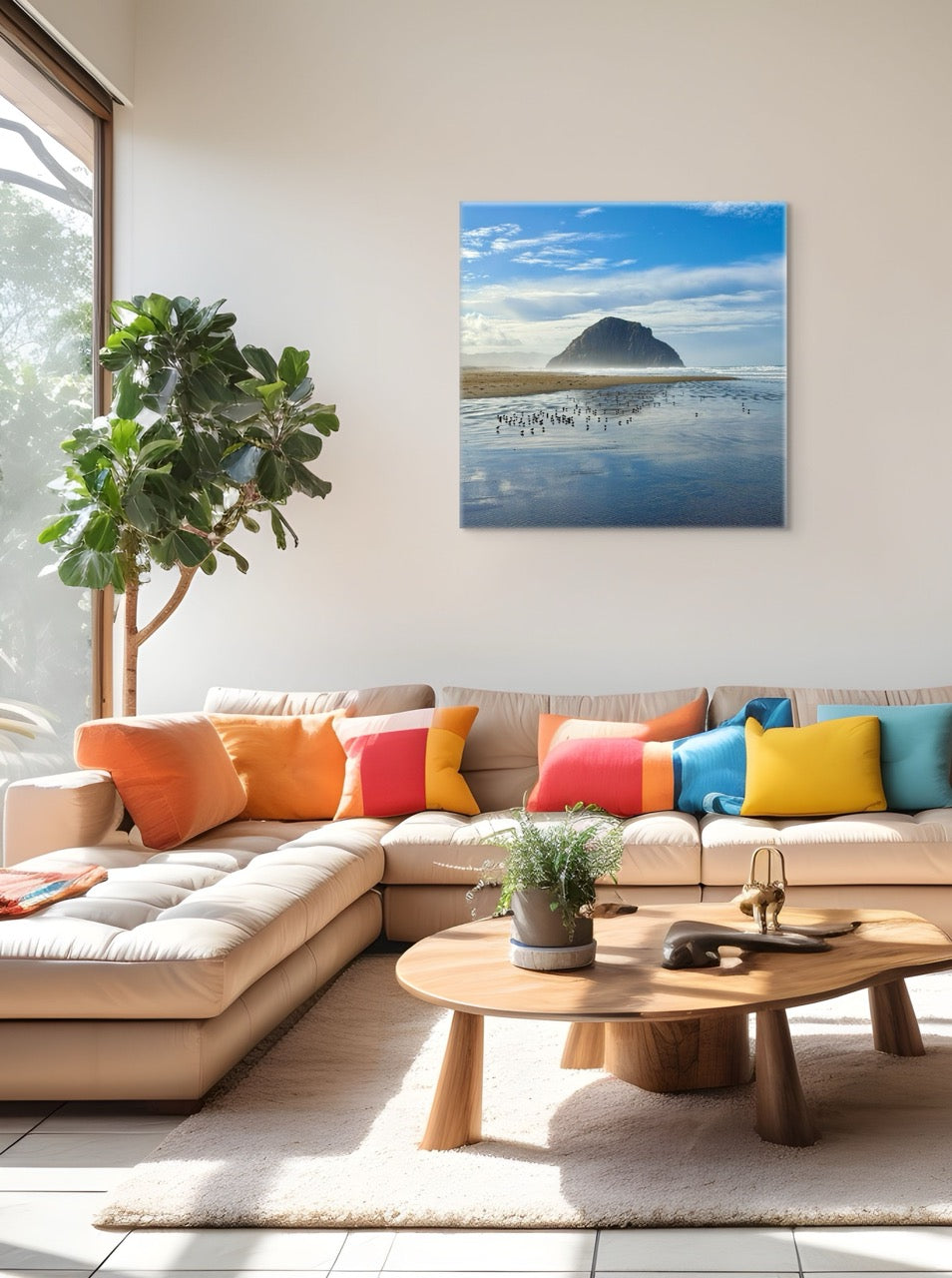 Modern living room with a sectional sofa, colorful pillows, and a canvas print of Morro Rock on the wall.