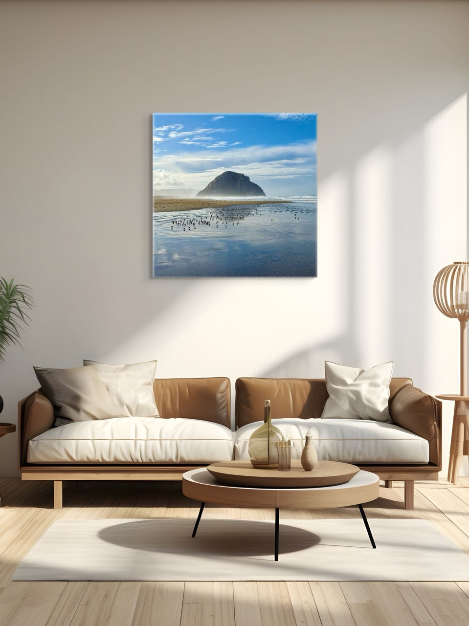 Modern living room with a sofa, coffee table, and canvas print of Morro Rock on the wall.