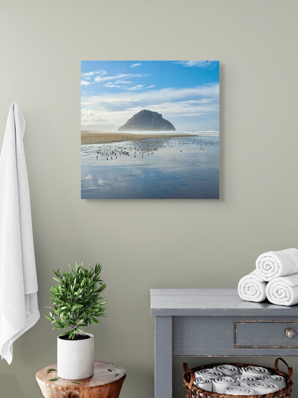 Canvas print of Morro Rock on a wall above a plant and shelves.