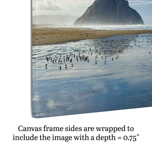 Side view of a canvas print of Morro Rock indicating frame depth.