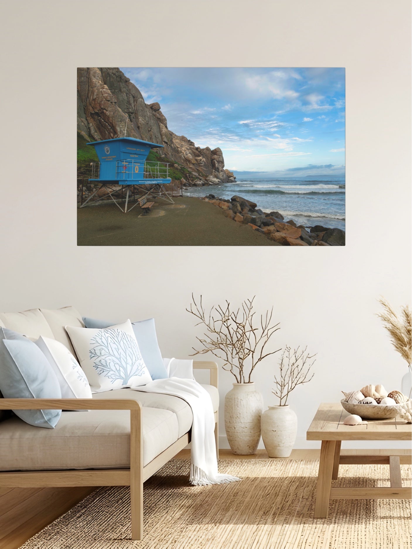 Living room with a blue lifeguard tower at the base of Morro Rock in Morro Bay California canvas print.