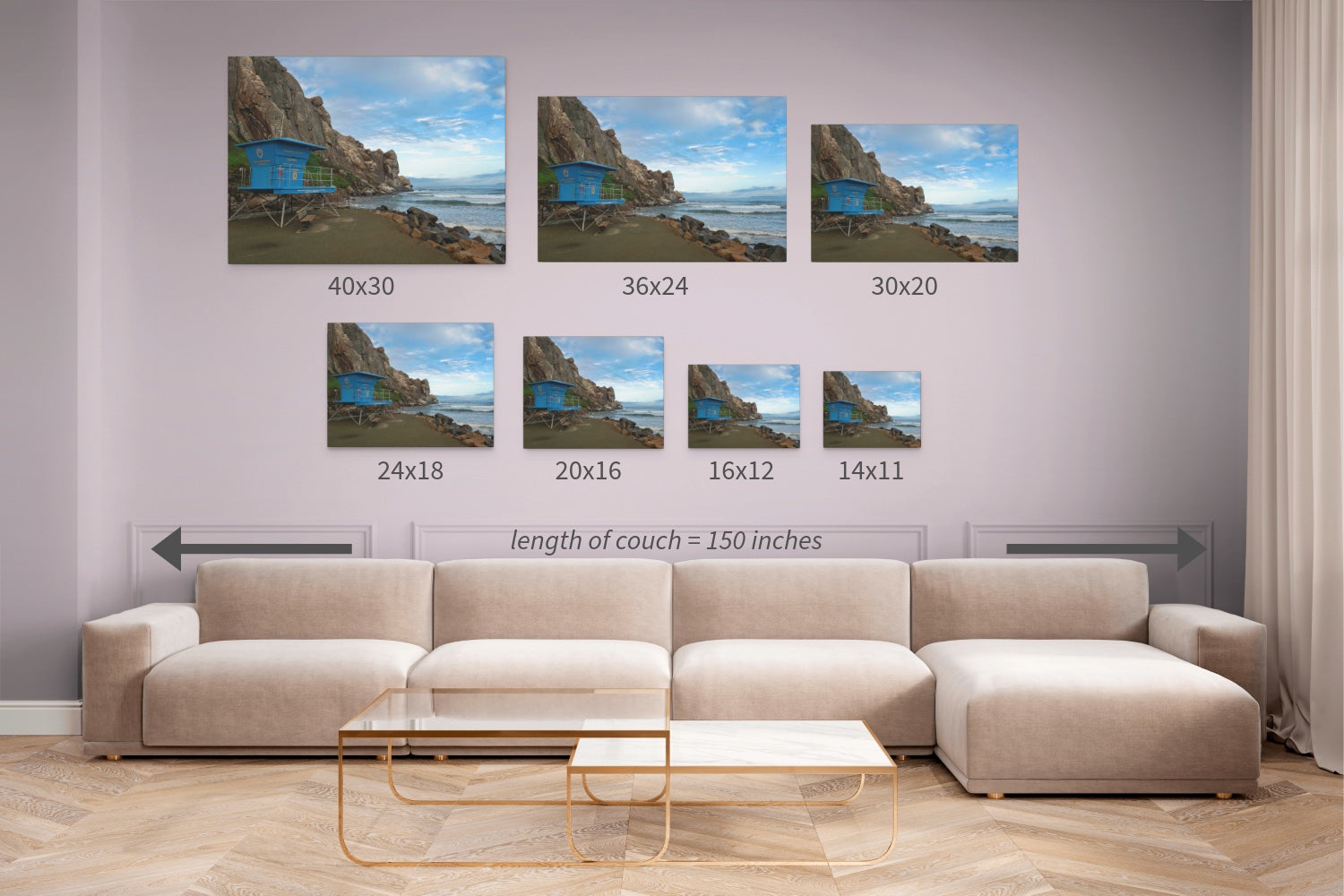Living room with a beige sectional sofa and wall art displaying various sizes of a blue lifeguard tower at the base of Morro Rock in Morro Bay California canvas print.