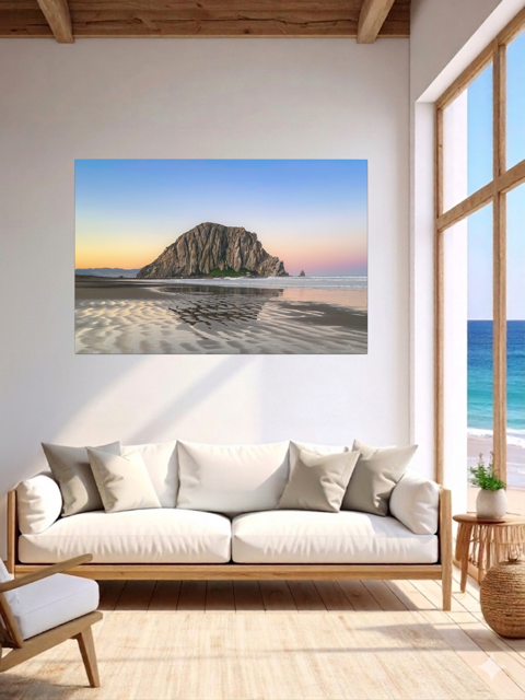 Living room with a lcanvas print featuring a Morro Rock morning reflection in wet beach sand.
