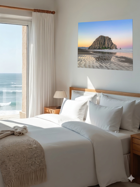 Bedroom with a large bed and a canvas print featuring a Morro Rock morning reflection in wet beach sand.