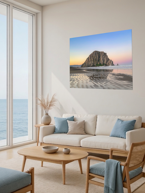 Living room with a large window view of the ocean, featuring a beige sofa with blue cushions and a canvas print featuring a Morro Rock morning reflection in wet beach sand.