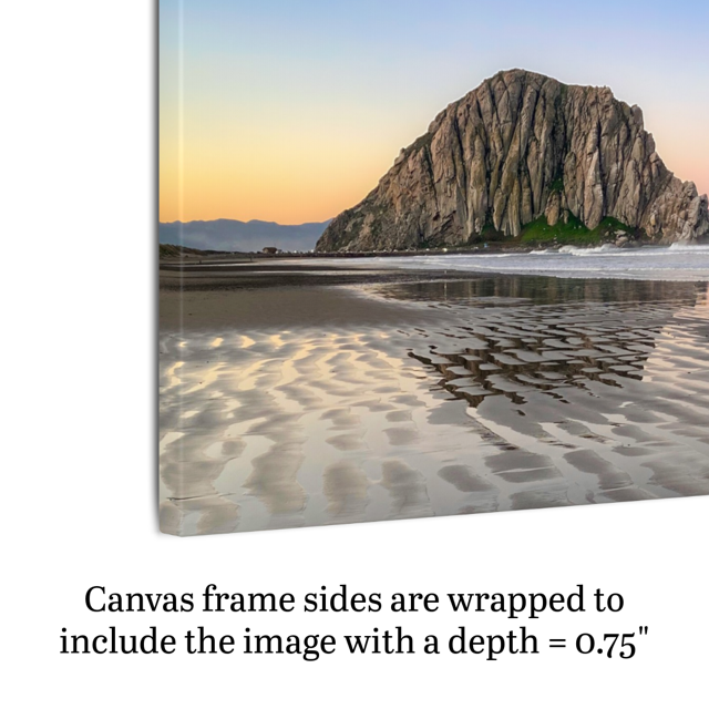 Side view of a canvas print featuring a Morro Rock morning reflection in wet beach sand with text indicating frame depth.