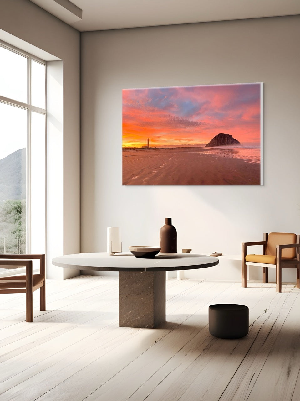 Modern living room with a large canvas print of Morro Rock and the stacks at sunrise of a beach sunset.