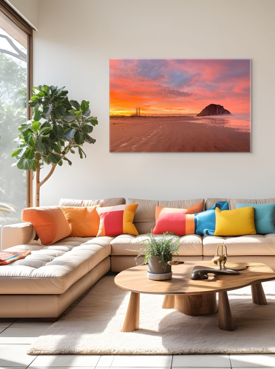 Modern living room with a sectional sofa, colorful pillows, and a canvas print of Morro Rock and the stacks at sunrise on the wall.
